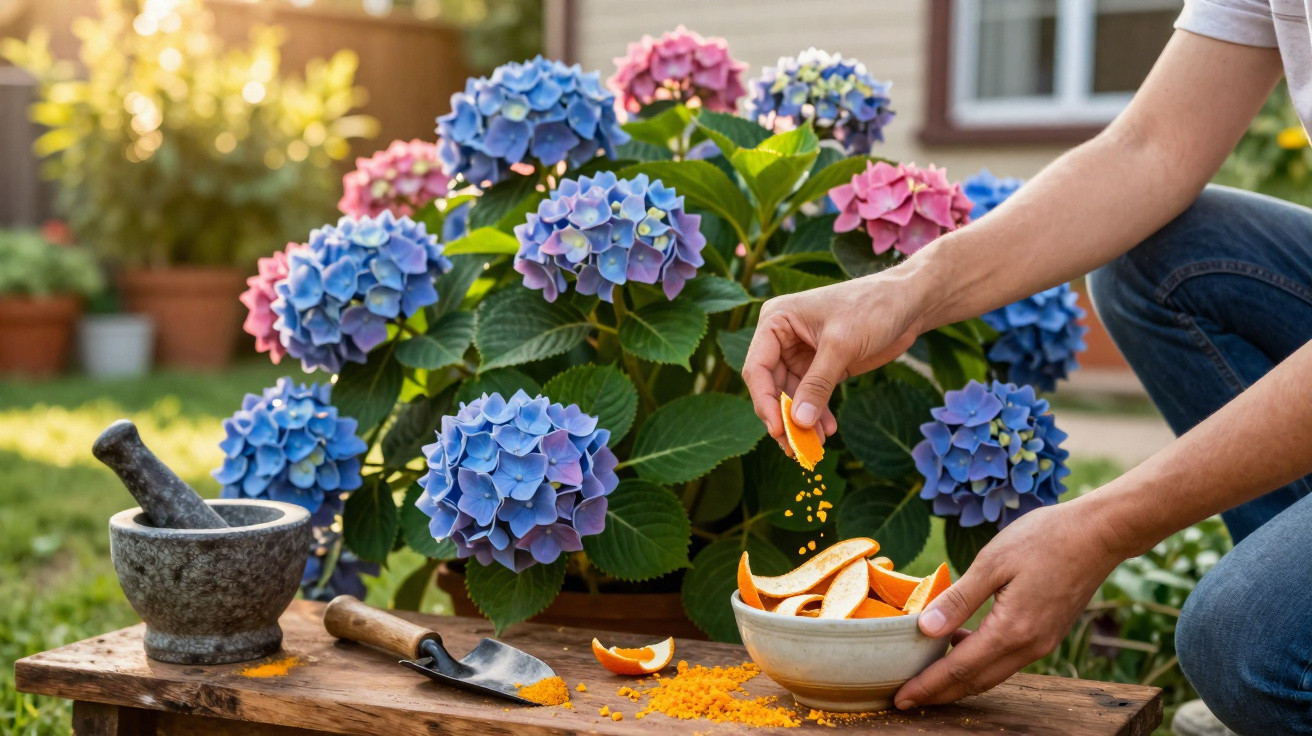Pessoa a preparar adubo natural com cascas de laranja junto a hortênsias azuis num jardim ensolarado.