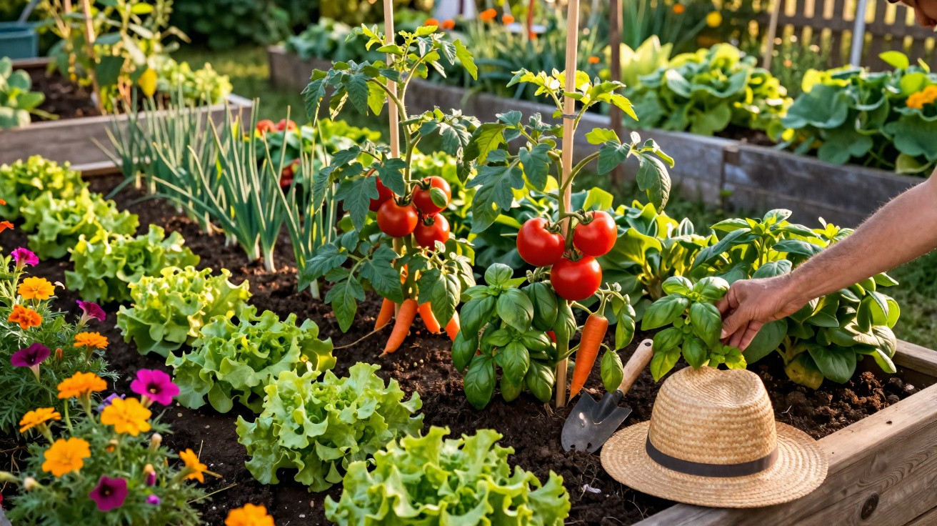 Horta com tomate, cenoura, alface e flores coloridas, com mão a apanhar manjericão e chapéu de palha.