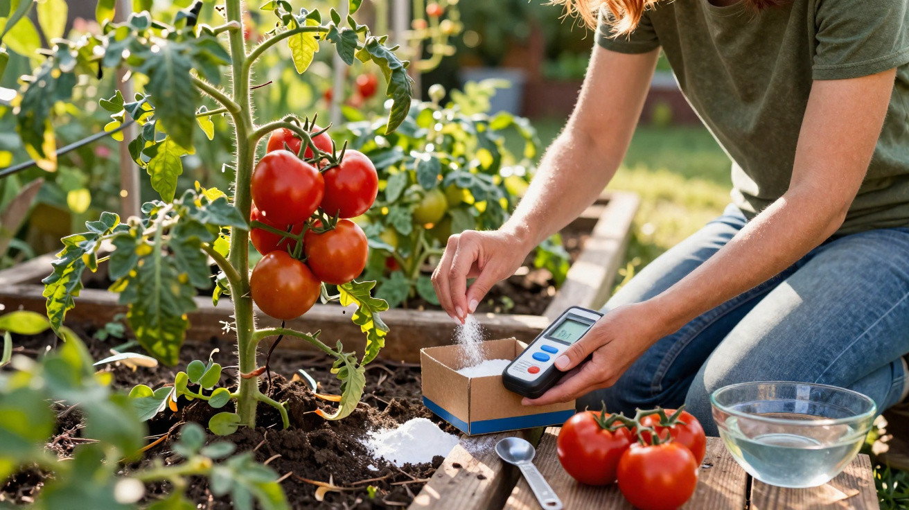 Pessoa a adubar planta de tomateiro num jardim, com tomates vermelhos maduros e equipamento de medição.