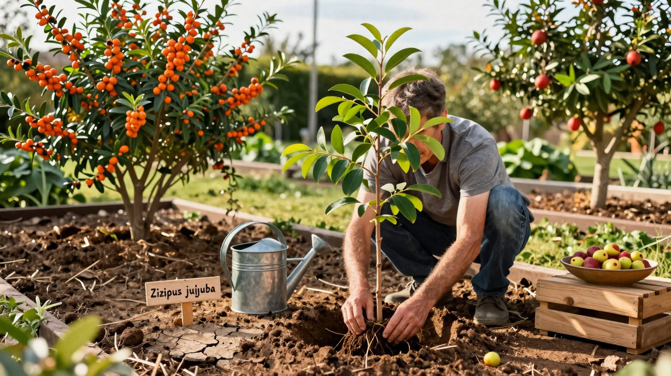 Homem a plantar uma árvore jovem num jardim com várias árvores de frutos, regador e cesta de maçãs.