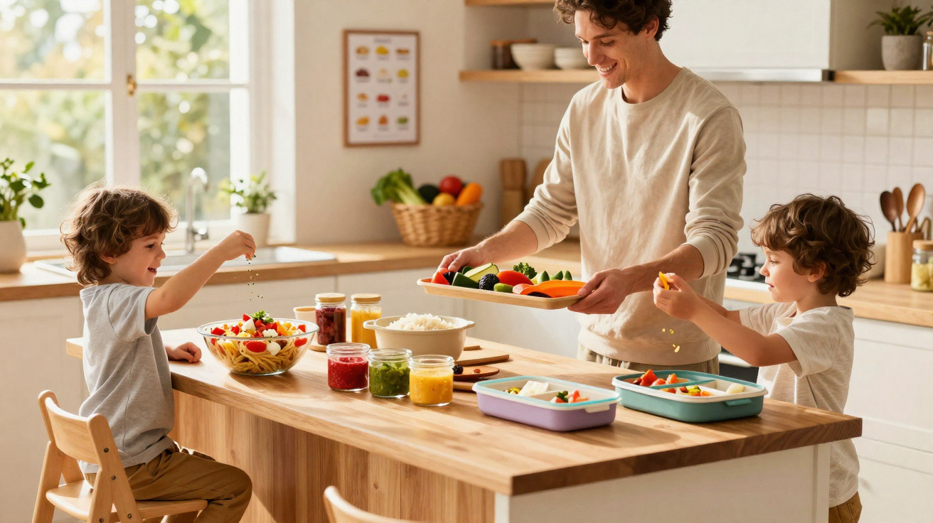 Pai e filhos em cozinha preparando refeições saudáveis com vegetais e arroz em ambiente iluminado e acolhedor.