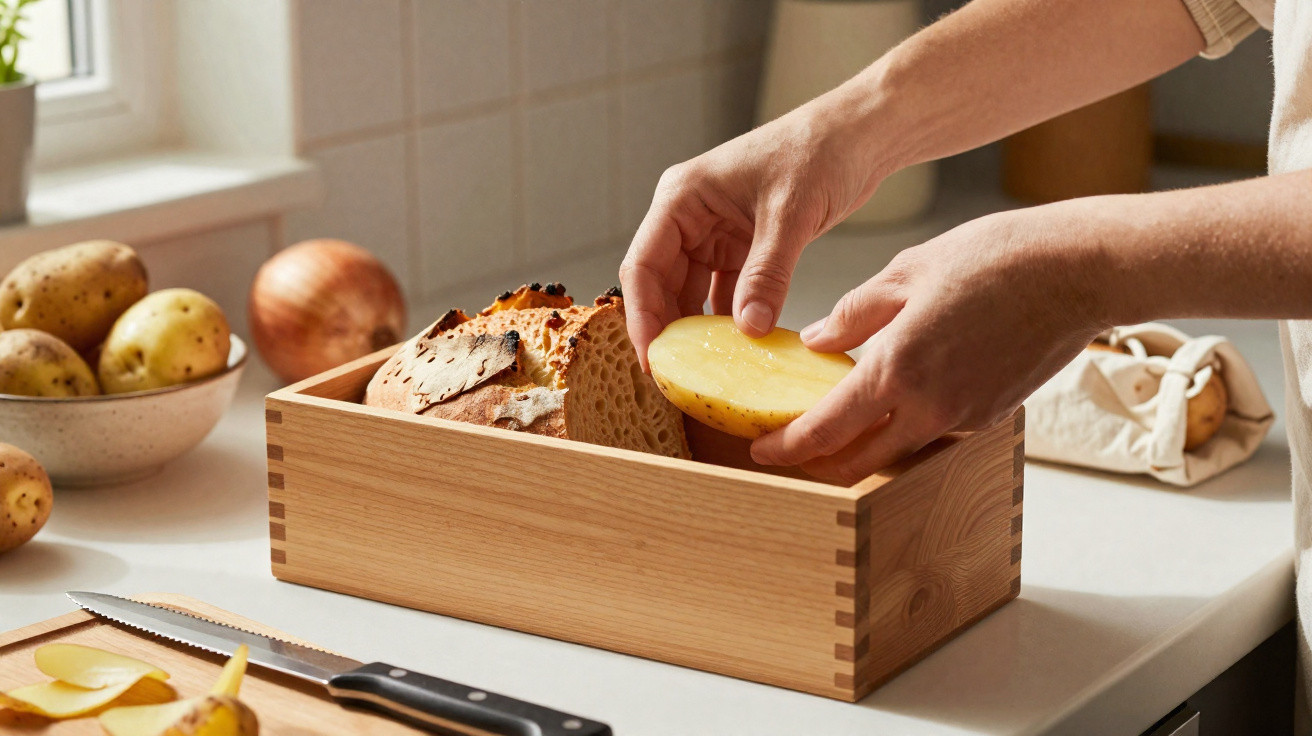 Mãos a guardar pão e batata cortada numa caixa de madeira numa cozinha clara e organizada.