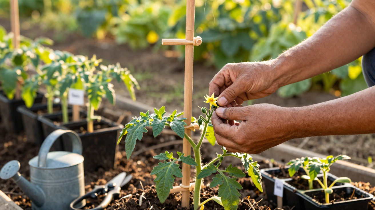 Mãos a cuidar de planta de tomate com flor amarela, regador e tesoura em jardim ensolarado.