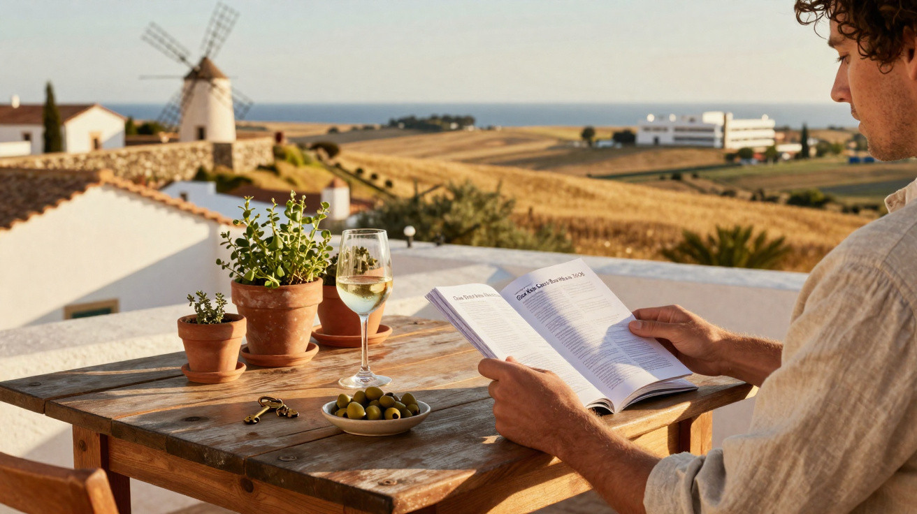 Homem a ler revista numa mesa de madeira com vinho, azeitonas e plantas, com moinho e paisagem campestre ao fundo.
