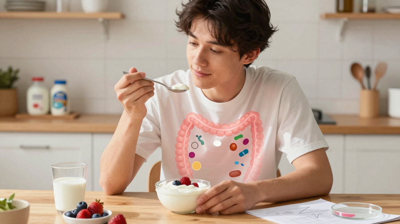 Homem jovem a comer iogurte com frutos vermelhos, com ilustração de intestinos no peito.