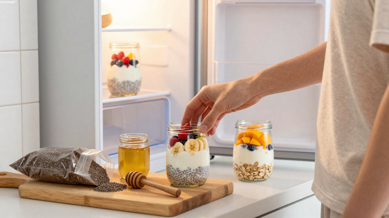 Pessoa a pegar um frasco com iogurte, frutas e sementes à frente de um frigorífico aberto.