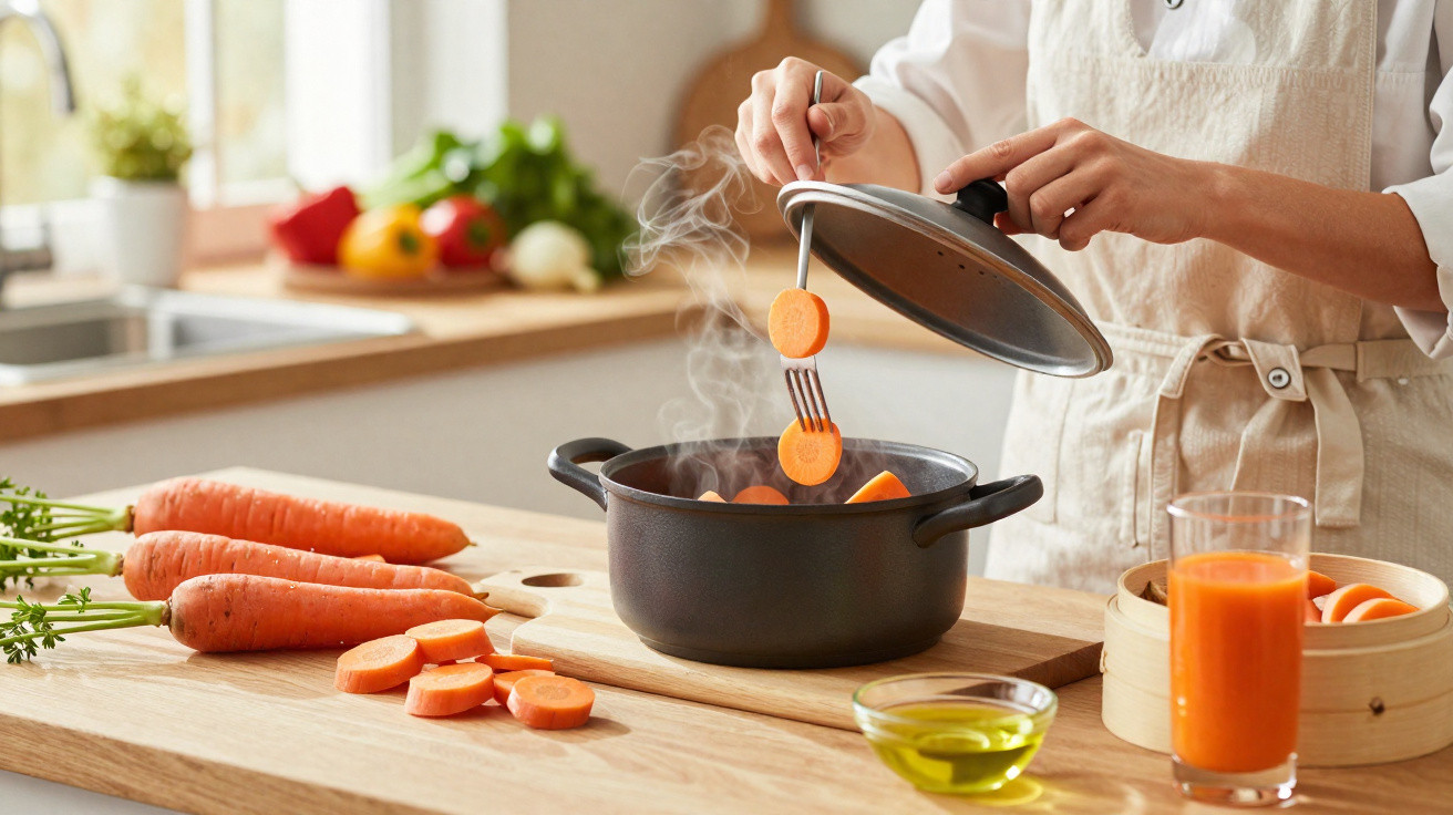 Pessoa a cozinhar cenouras cortadas numa panela preta numa cozinha luminosa.