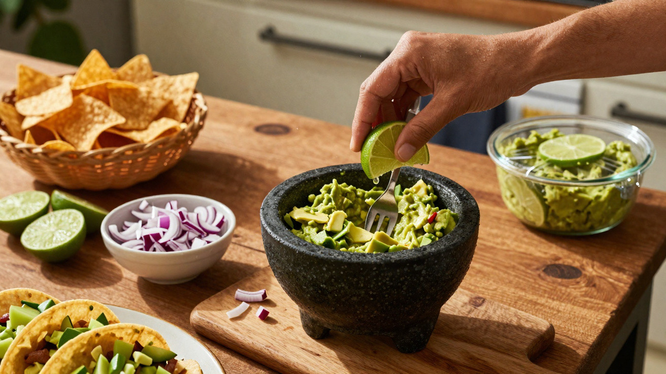 Mão a espremer lima sobre guacamole em almofariz, com tacos, cebola e chips ao lado numa mesa de madeira.