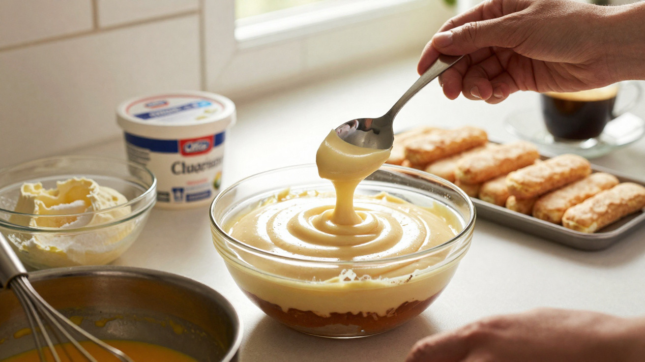 Mãos a preparar tiramisù com creme em taça de vidro, palitos de champanhe e café numa mesa branca.