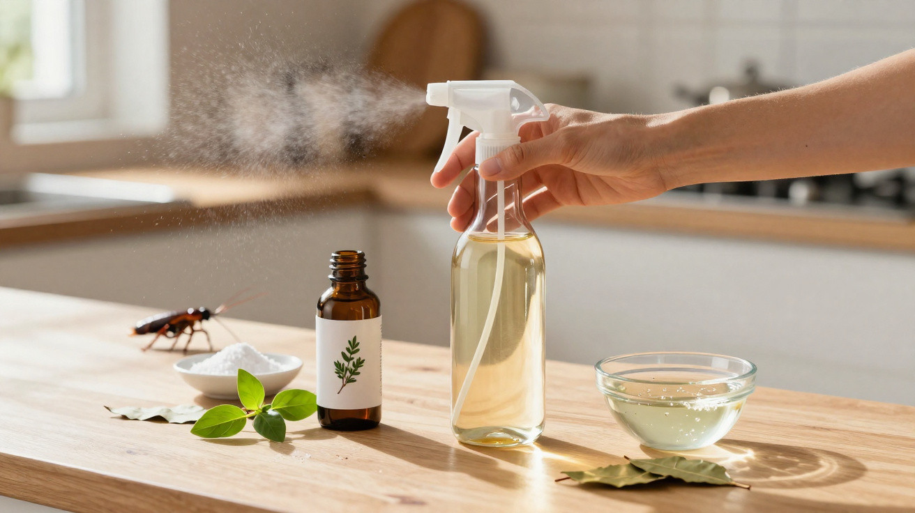 Mão a pulverizar solução caseira de limpeza ou repelente de insetos numa cozinha com ingredientes naturais.