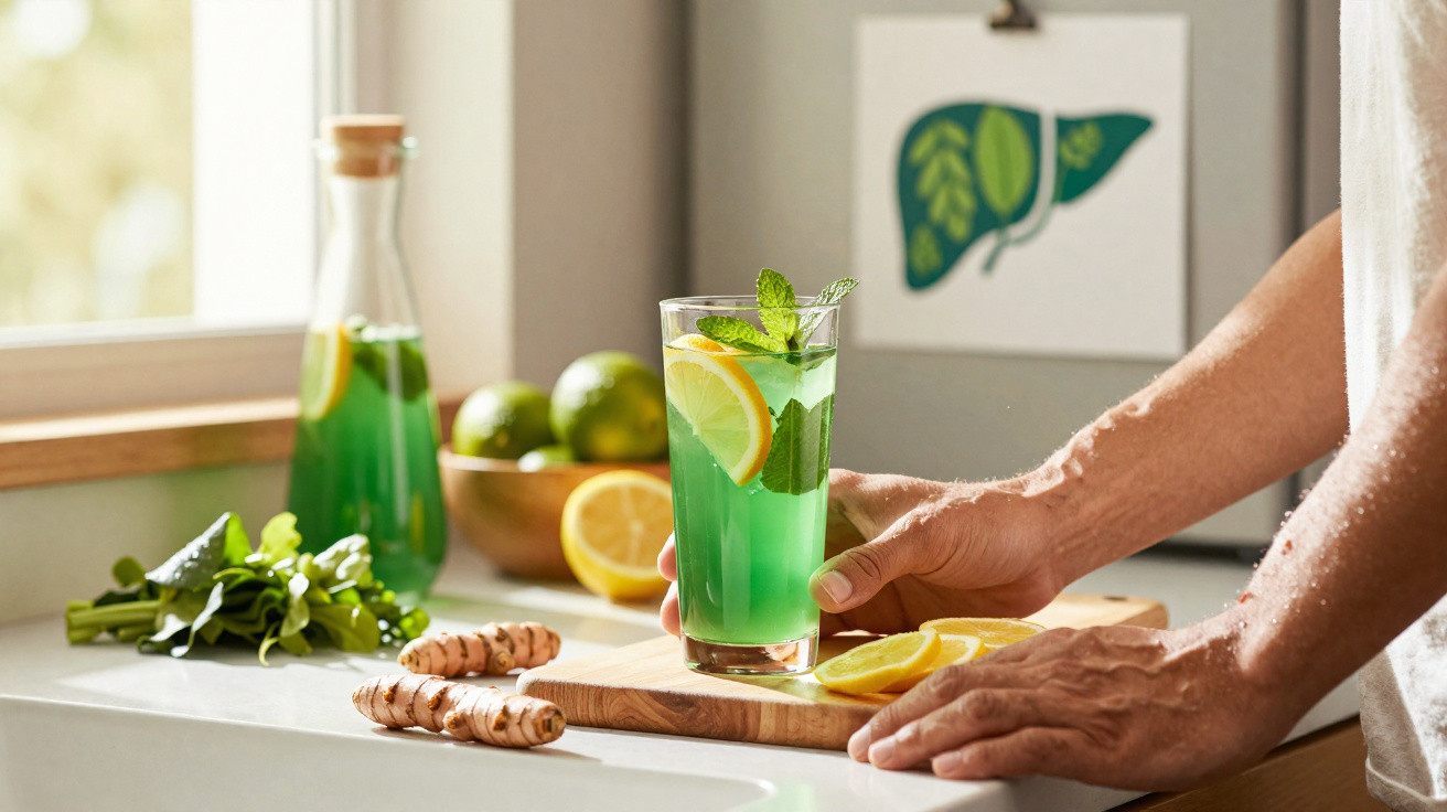 Pessoa a segurar copo com bebida verde, limão e hortelã, com ingredientes frescos na bancada da cozinha.