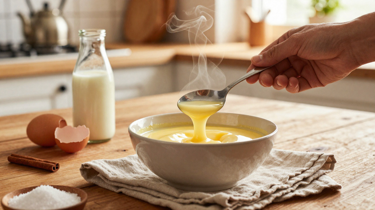 Mão a colher creme quente numa tigela branca sobre pano num balcão de cozinha rústica com ingredientes.