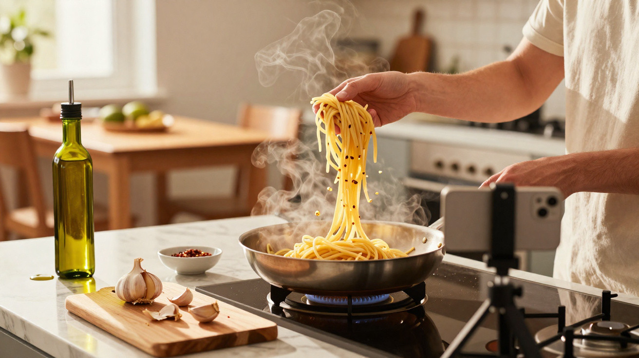 Mãos a cozinhar esparguete fumegante numa frigideira na cozinha, com azeite e alho na bancada.