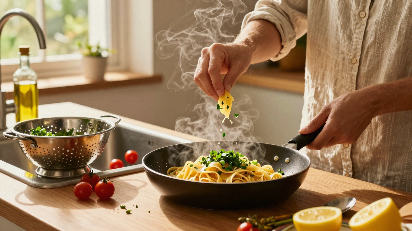 Pessoa a polvilhar ervas frescas numa frigideira com massa fumegante numa cozinha iluminada.
