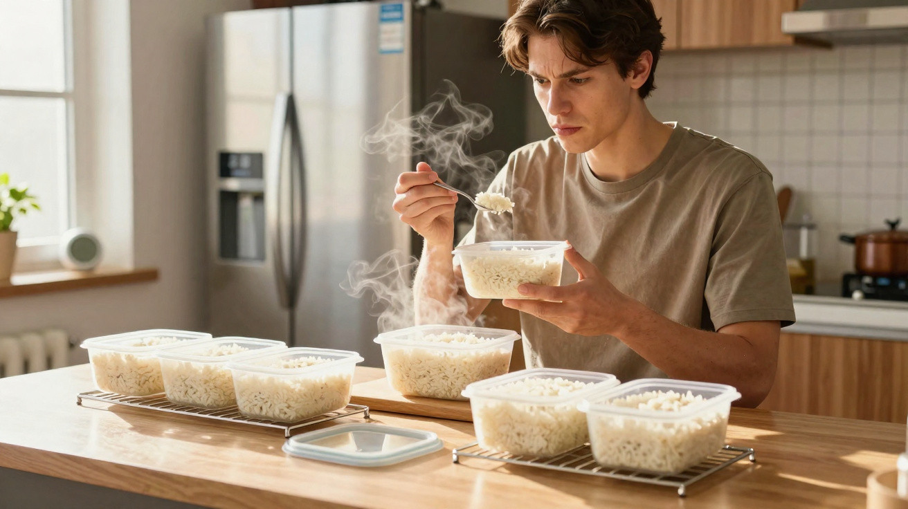 Homem a guardar arroz quente em recipientes plásticos na cozinha moderna, com vapores visíveis.
