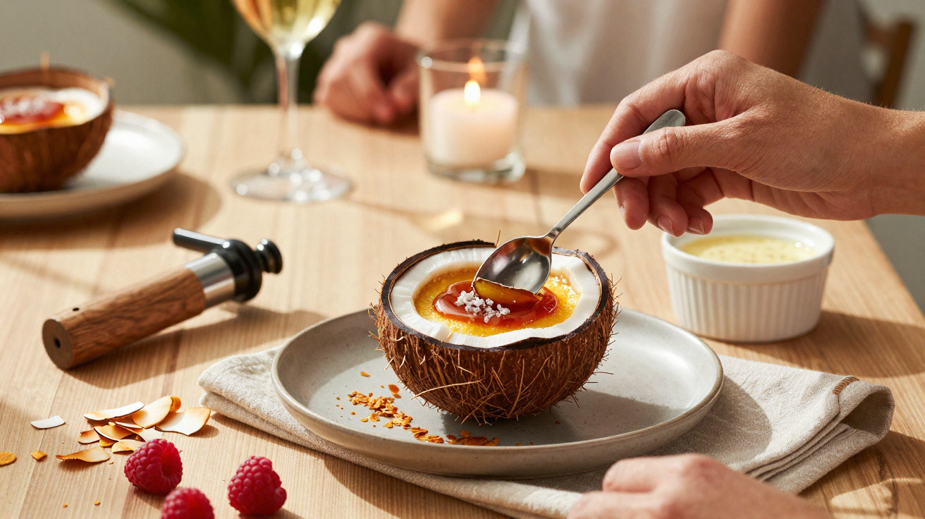 Pessoa a servir sobremesa cremosa numa metade de coco numa mesa com framboesas e vela acesa.