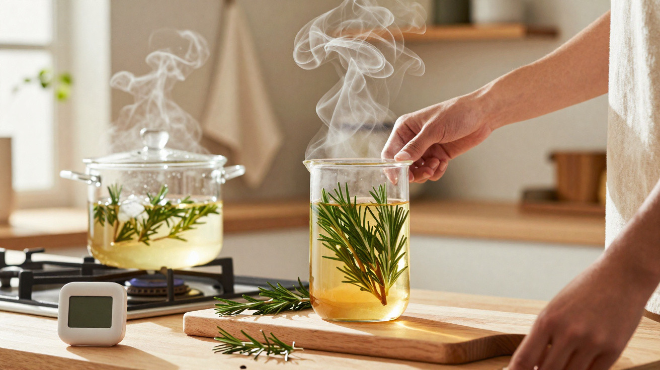 Pessoa a retirar um recipiente com líquido a ferver e raminhos de alecrim numa cozinha iluminada.