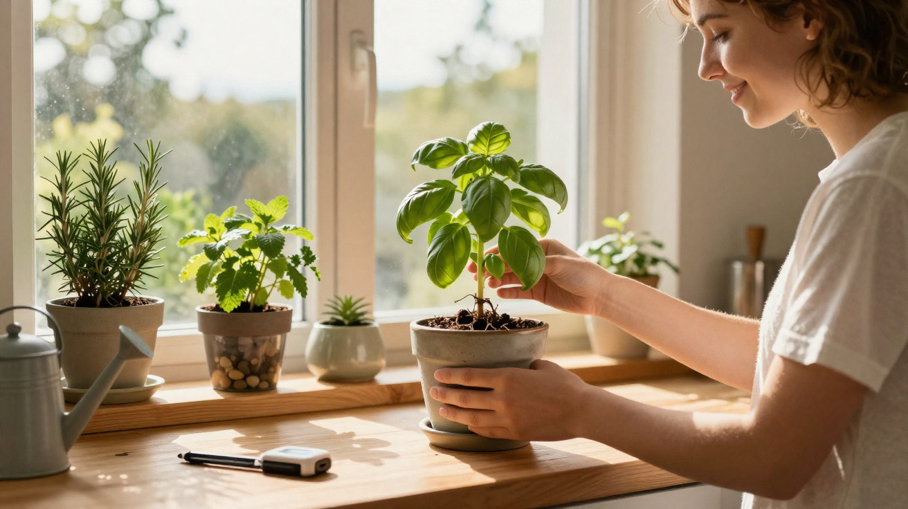 Pessoa a cuidar de planta em vaso num parapeito de janela com várias plantas e regador.