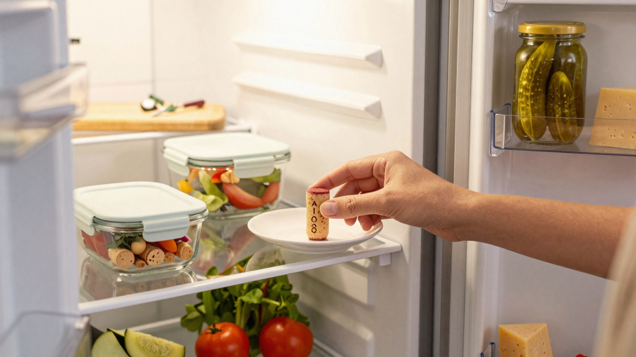 Pessoa a colocar rolha de cortiça numa taça dentro do frigorífico com legumes, tomates e queijos.