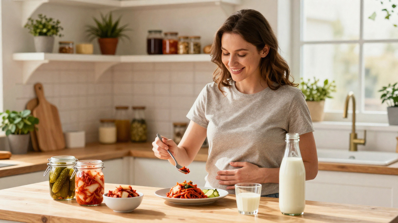 Mulher grávida sorridente a comer massa com legumes numa cozinha iluminada e acolhedora.