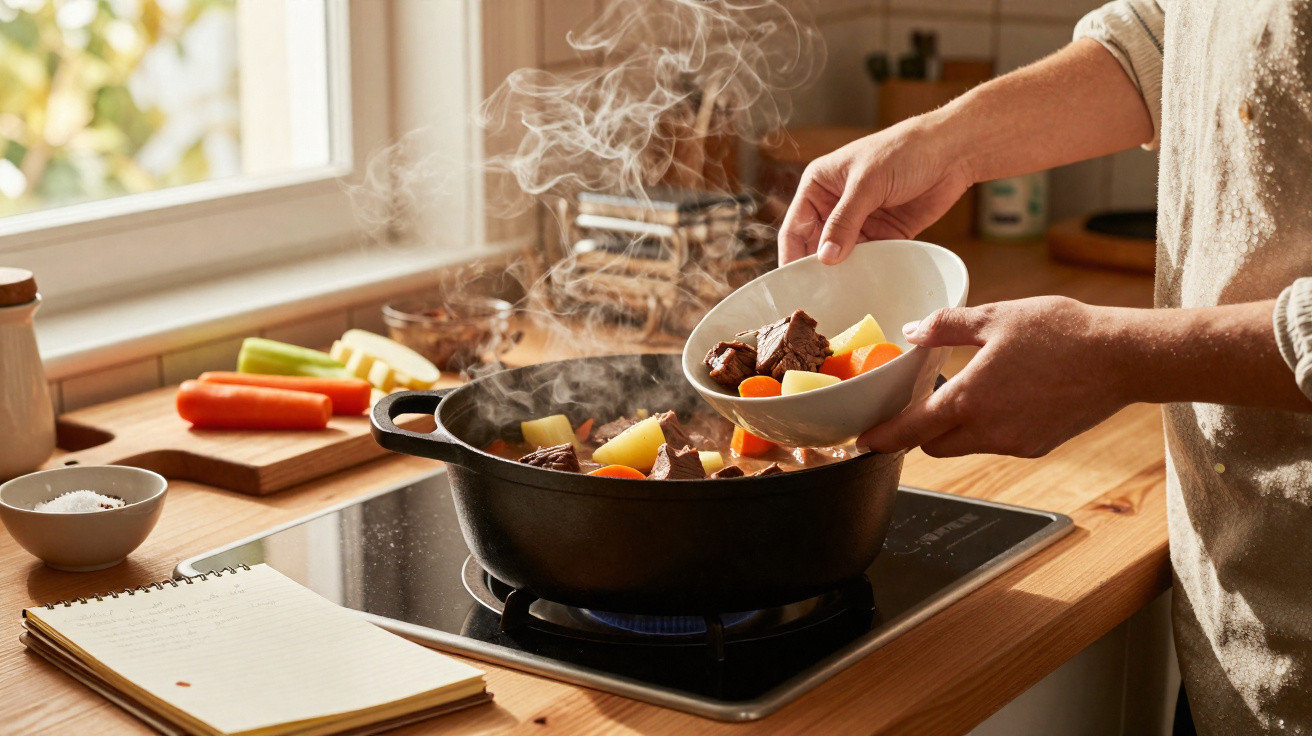 Pessoa a servir ensopado quente com carne, cenoura e batata numa cozinha iluminada.