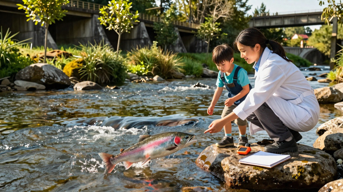 Criança e mulher com bata branca observam peixe saltar em rio junto a caderno e dispositivo.