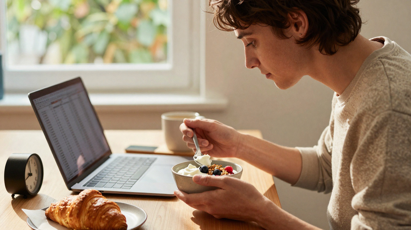 Pessoa a comer cereais com frutos vermelhos e iogurte, com computador portátil e croissant numa mesa.