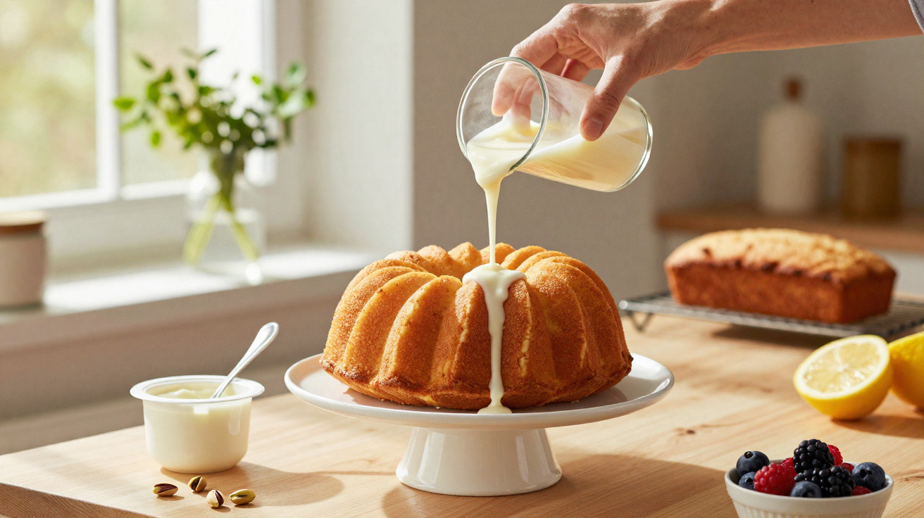Líquido branco a ser derramado sobre bolo de forma redonda numa mesa de madeira com frutas e iogurte.