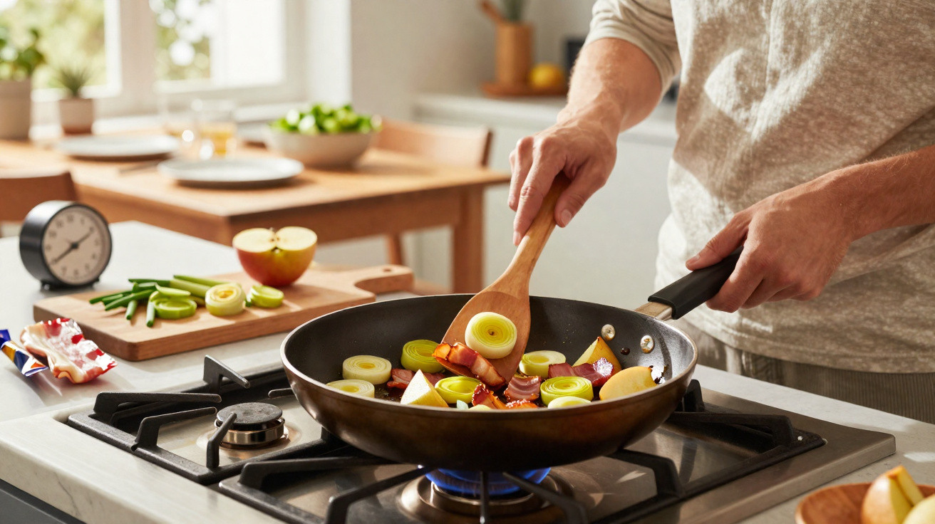 Pessoa a cozinhar alho-francês e legumes numa frigideira sobre fogão a gás numa cozinha iluminada.