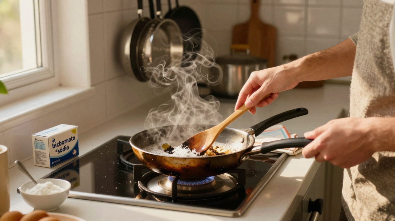 Pessoa a cozinhar arroz numa frigideira sobre fogão a gás, com vapor a subir.