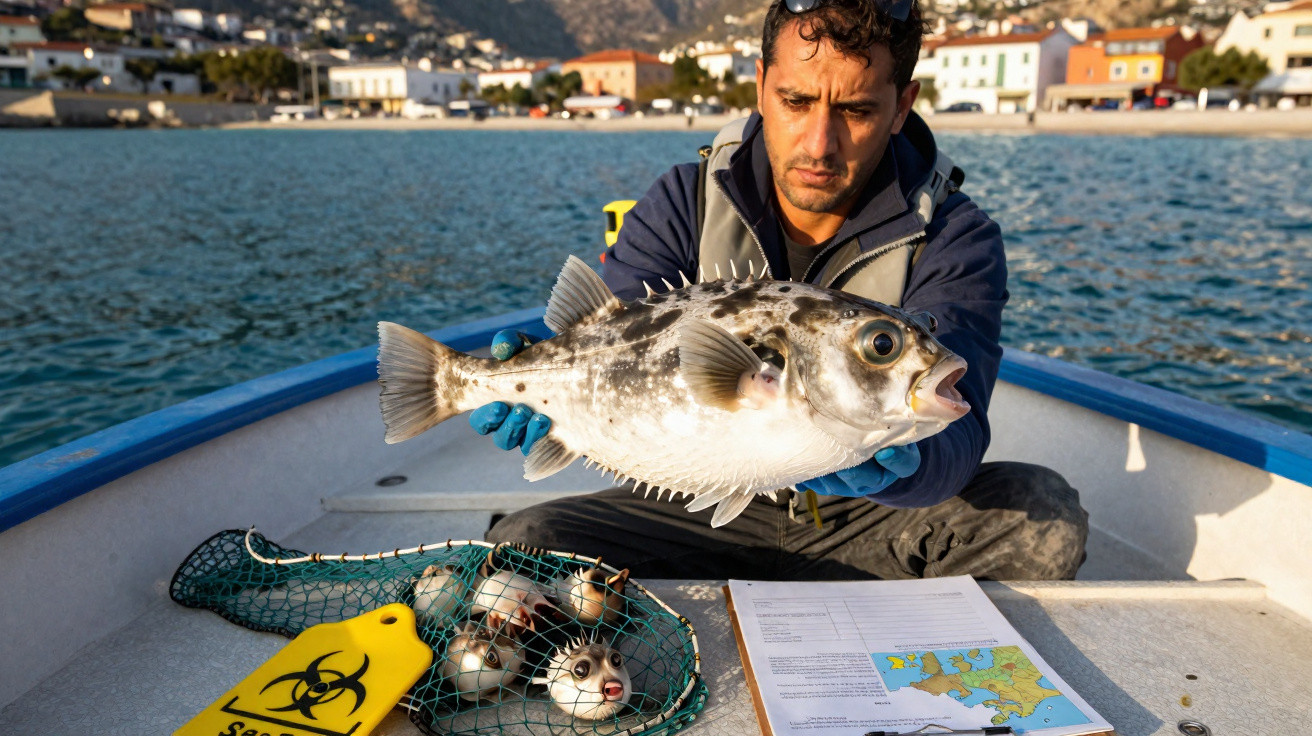 Homem num barco segura peixe-espinho grande com rede e papéis, costa e casas ao fundo.