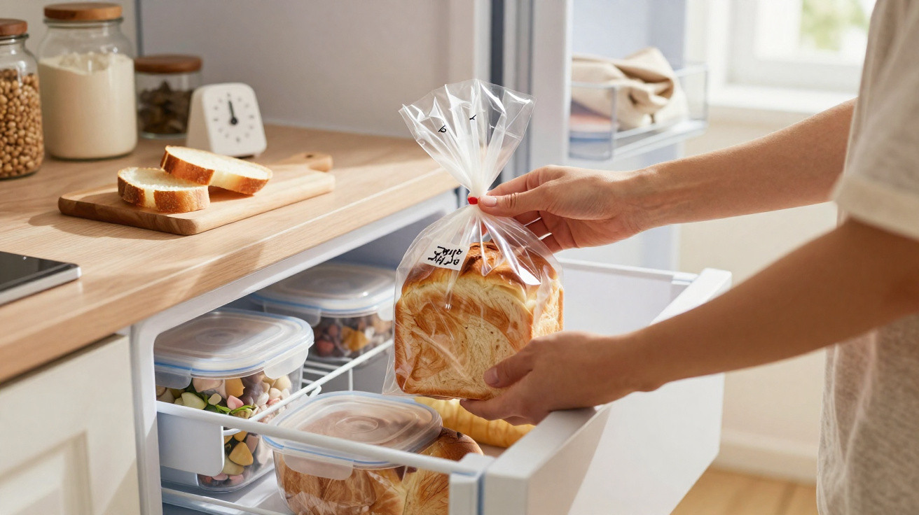 Pessoa a guardar pão fatiado embalado em saco plástico num frigorífico branco, rodeada de recipientes transparentes.