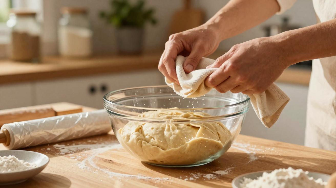 Mãos a limpar taça de vidro com massa de pão em bancada de cozinha com ingredientes para cozer pão.