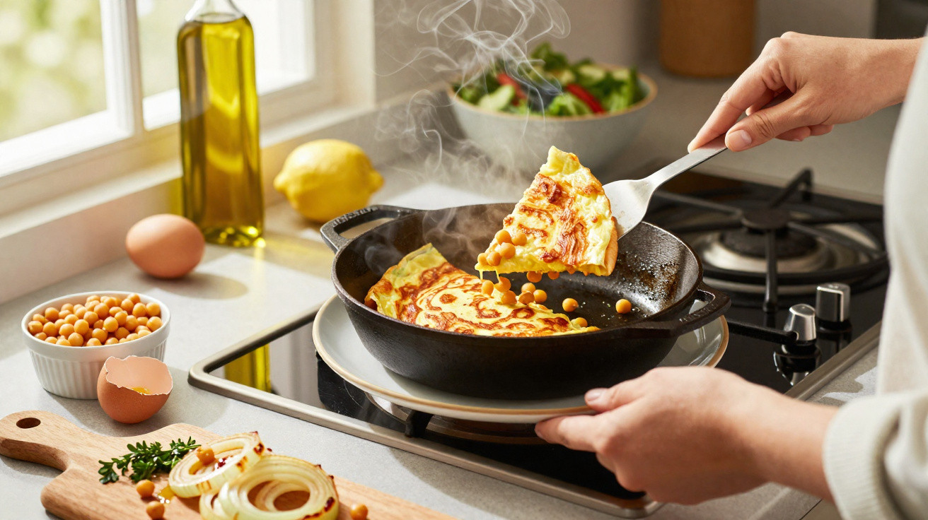Pessoa a cozinhar omelete com grão-de-bico numa frigideira preta numa cozinha iluminada.
