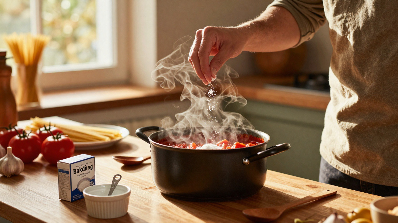 Pessoa a temperar molho de tomate numa panela numa cozinha com ingredientes à volta.