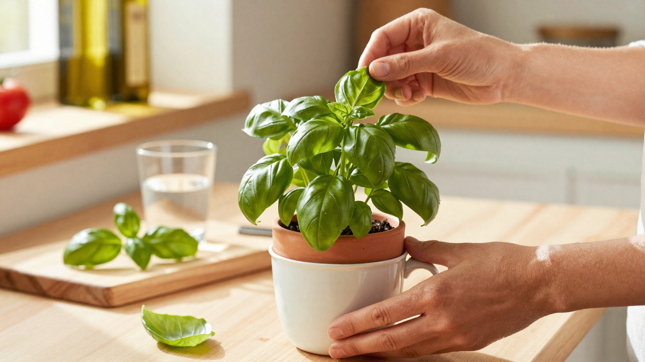 Mãos a apanhar folhas de manjericão numa planta em vaso branco, sobre uma bancada de cozinha clara.