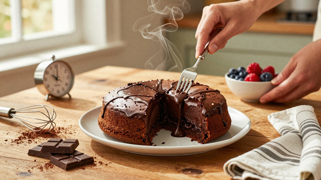 Pessoa a cortar bolo de chocolate húmido com cobertura derretida sobre placa branca numa mesa de madeira.