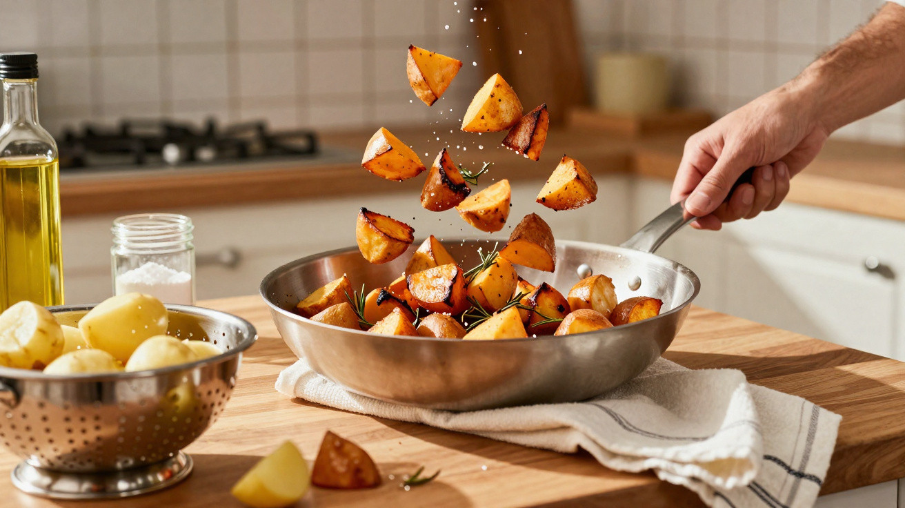 Batatas cortadas a saltar numa frigideira de inox temperadas com ervas e sal numa cozinha moderna.
