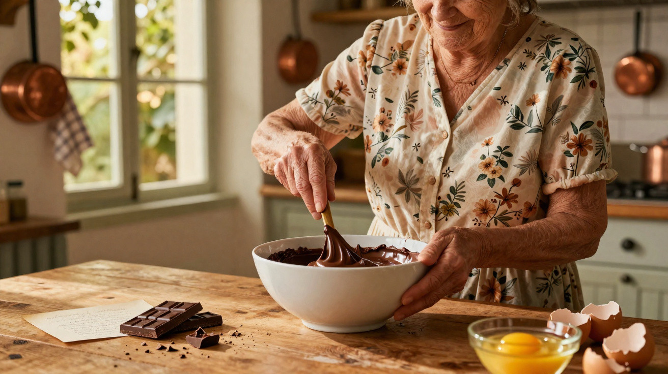 Mulher idosa a mexer chocolate numa taça na cozinha, com ovos partidos e barra de chocolate na mesa.