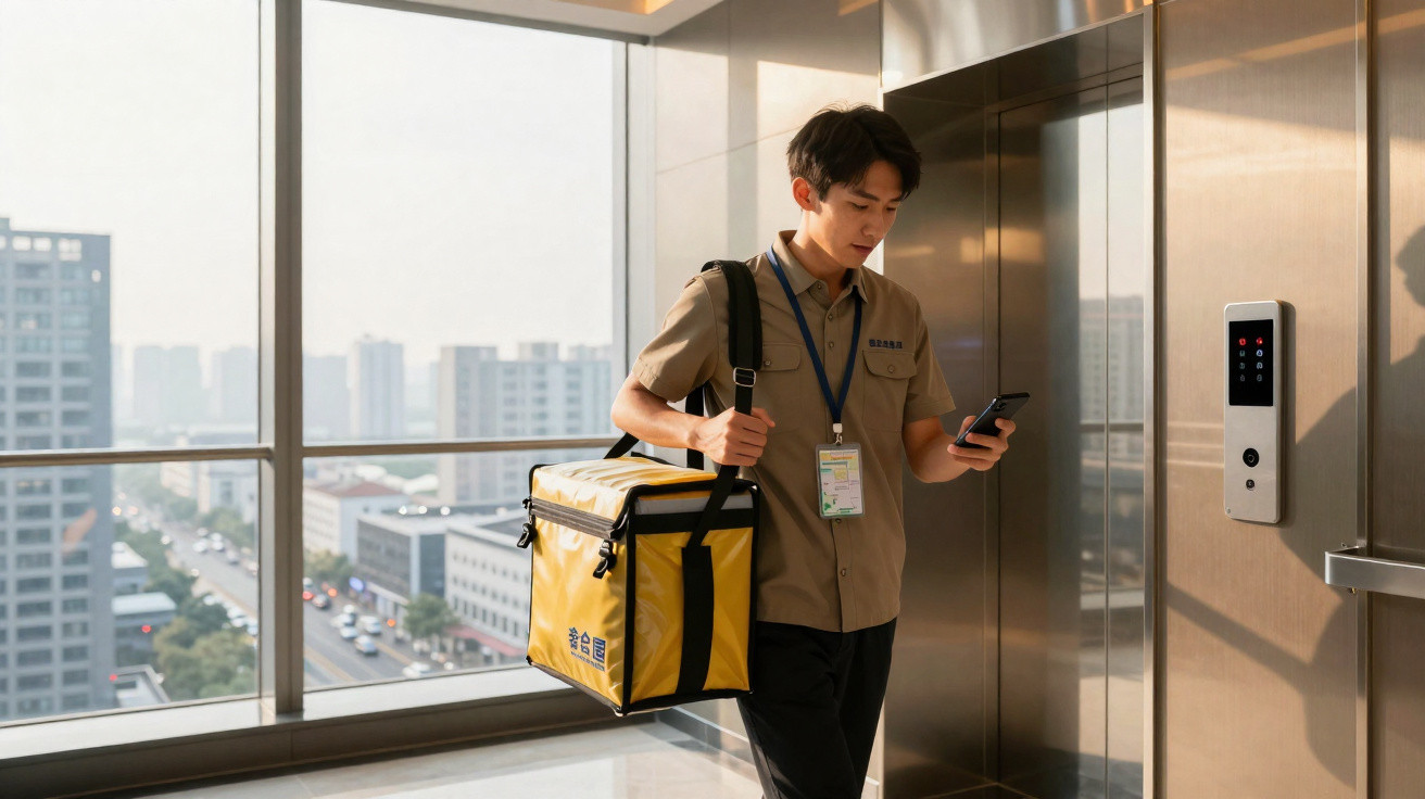 Homem com uniforme e mochila térmica aguarda elevador enquanto usa telemóvel numa sala com vista urbana.