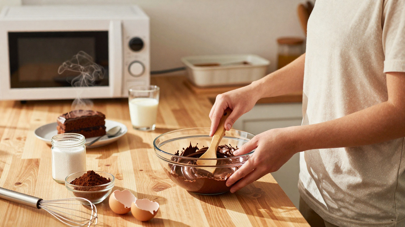 Pessoa a mexer chocolate derretido numa taça de vidro numa cozinha com ingredientes para bolo na bancada.