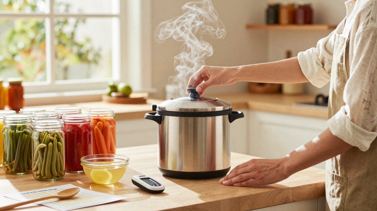 Pessoa a abrir panela a vapor em cozinha com frascos de legumes e frutas ao lado.