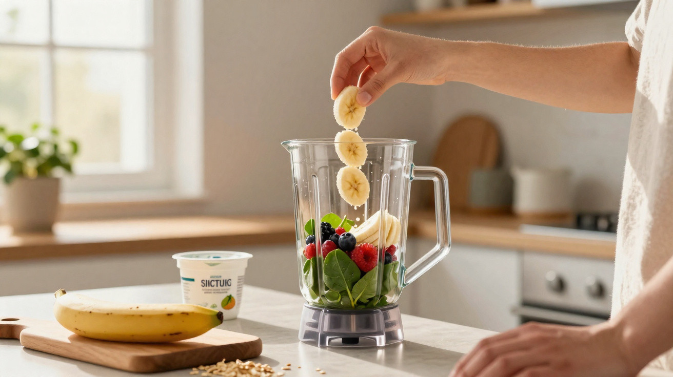 Mão a colocar rodelas de banana num liquidificador com espinafres e frutos vermelhos numa cozinha iluminada.