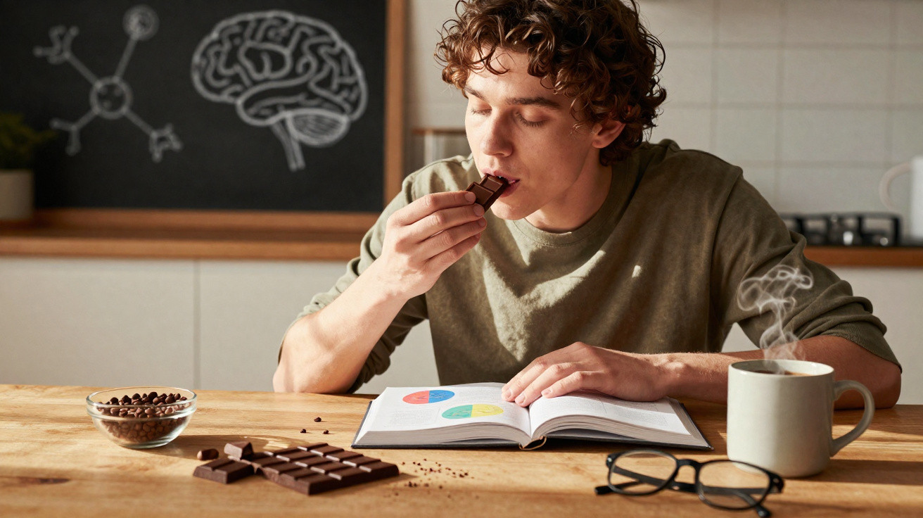 Jovem sentado numa mesa a estudar enquanto come chocolate, com café e óculos à sua frente.