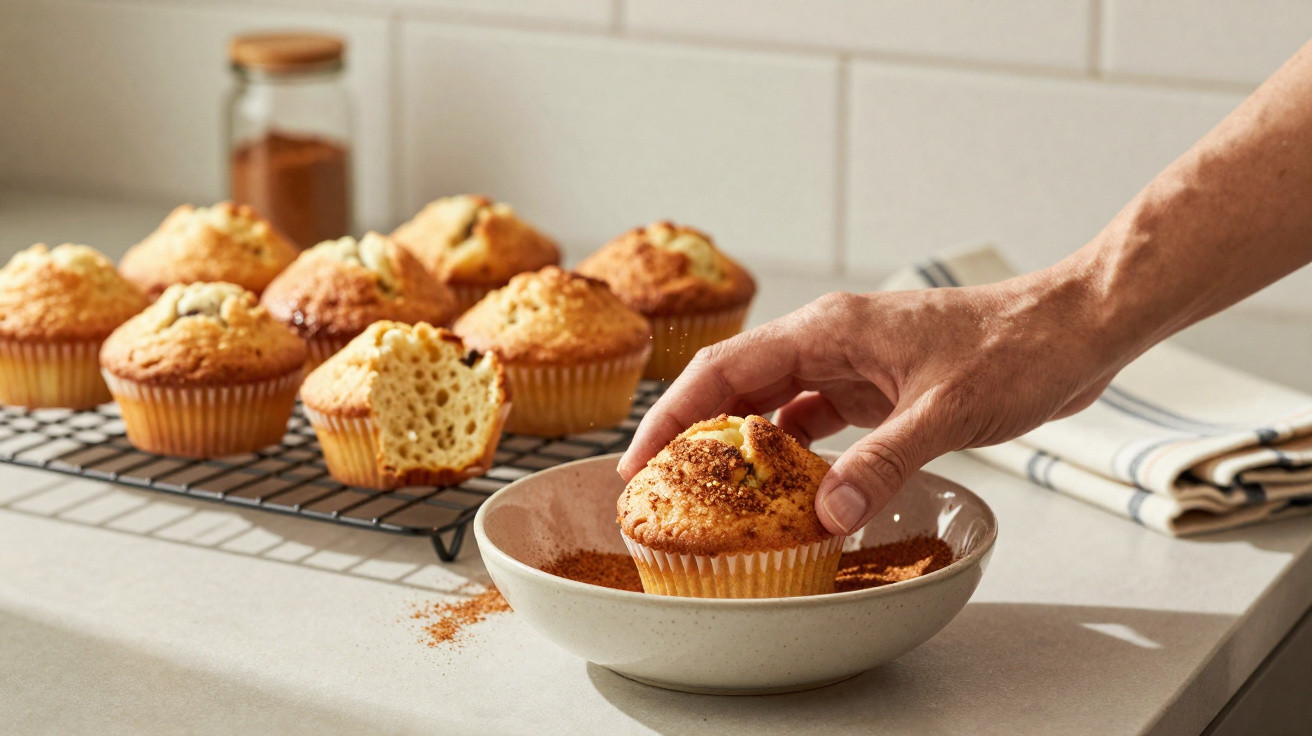 Mão a polvilhar muffin com canela, com mais muffins num tabuleiro de arrefecimento ao fundo.