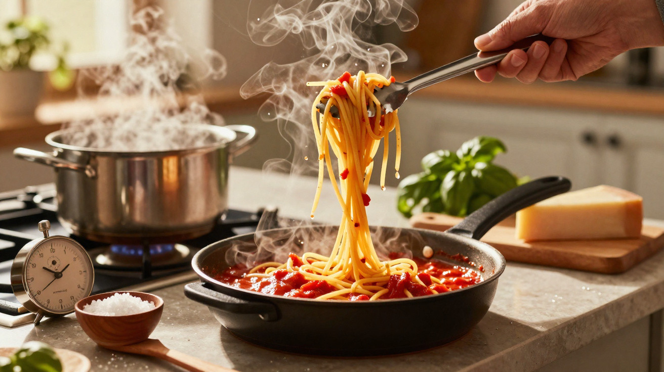 Massa spaghetti a ser retirada com garfo de frigideira com molho de tomate fumegante numa cozinha iluminada.