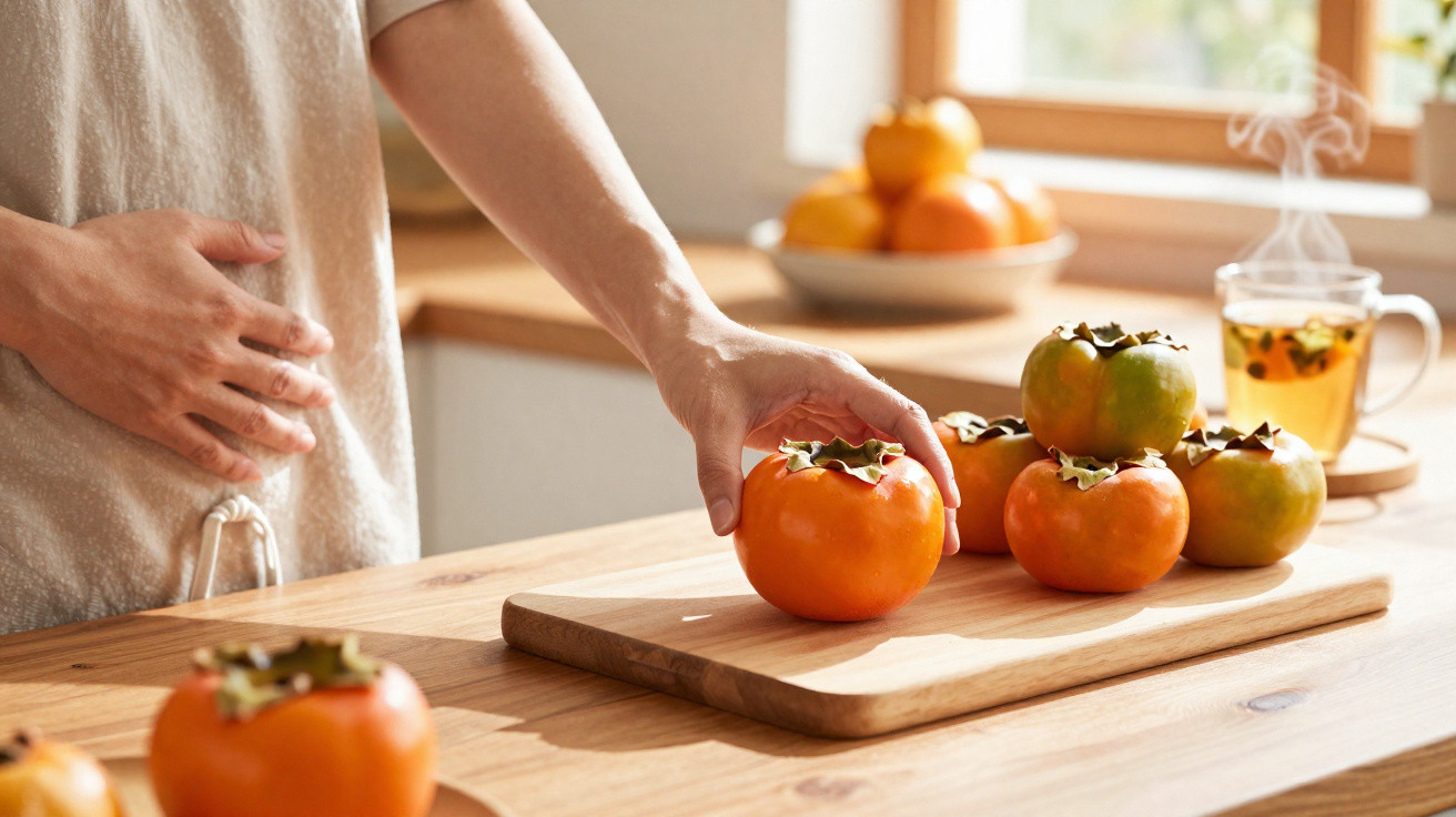 Pessoa a pegar caqui numa cozinha com chá quente e fruta numa mesa de madeira.