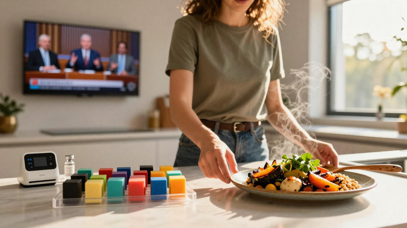 Pessoa a servir-se de uma salada quente com legumes e grão numa cozinha moderna, com luz natural.