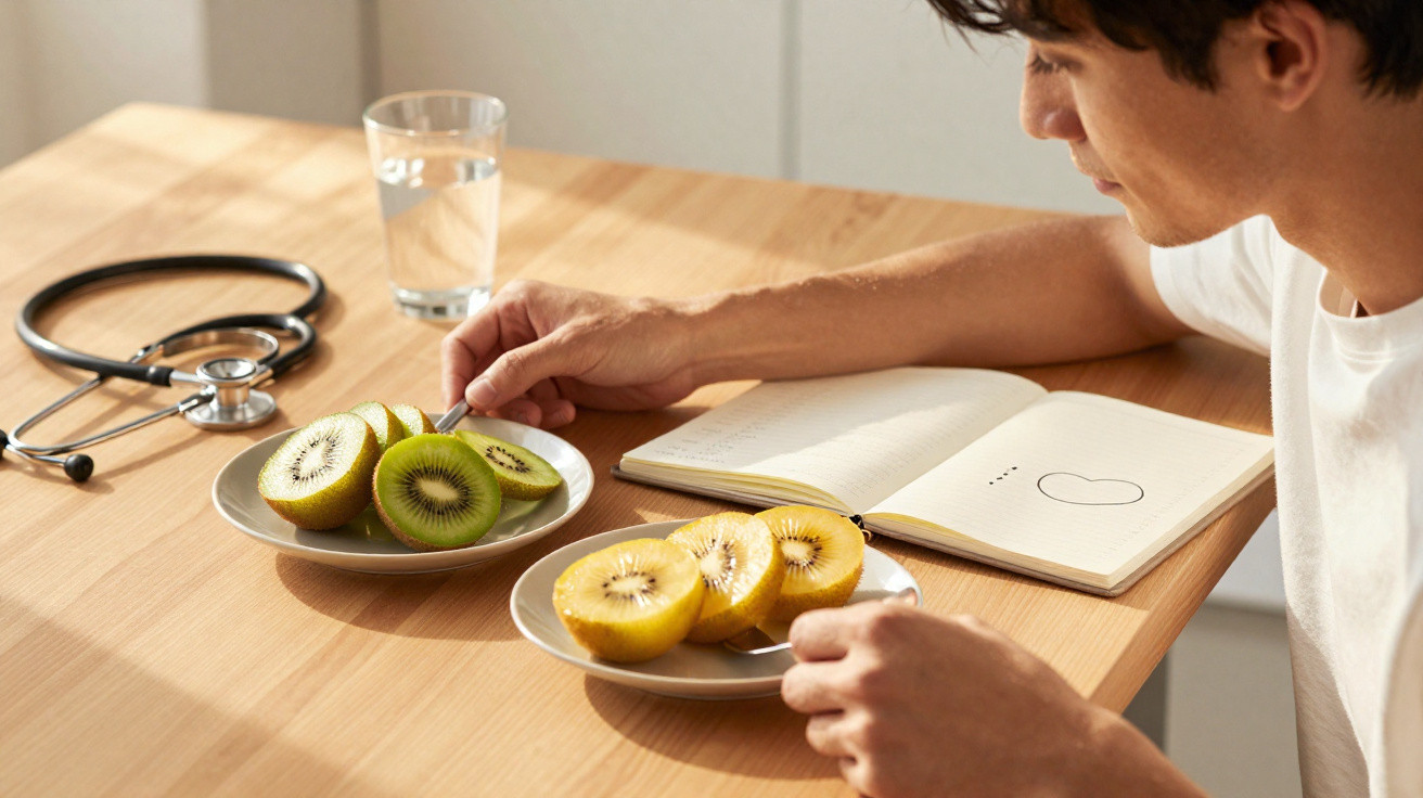 Pessoa ao lado de duas tâmaras com kiwis cortados, stetóscopio e caderno numa mesa de madeira.
