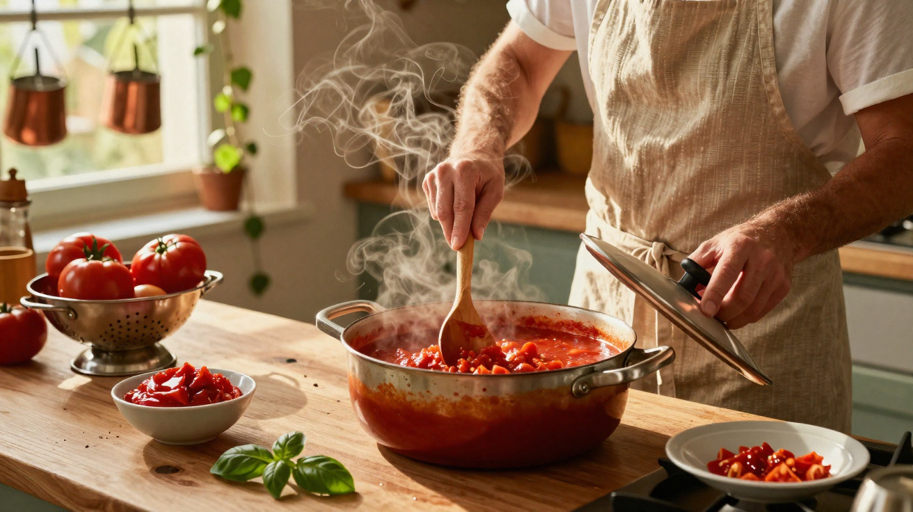 Pessoa a cozinhar molho de tomate numa panela e tomate fresco numa cozinha iluminada.